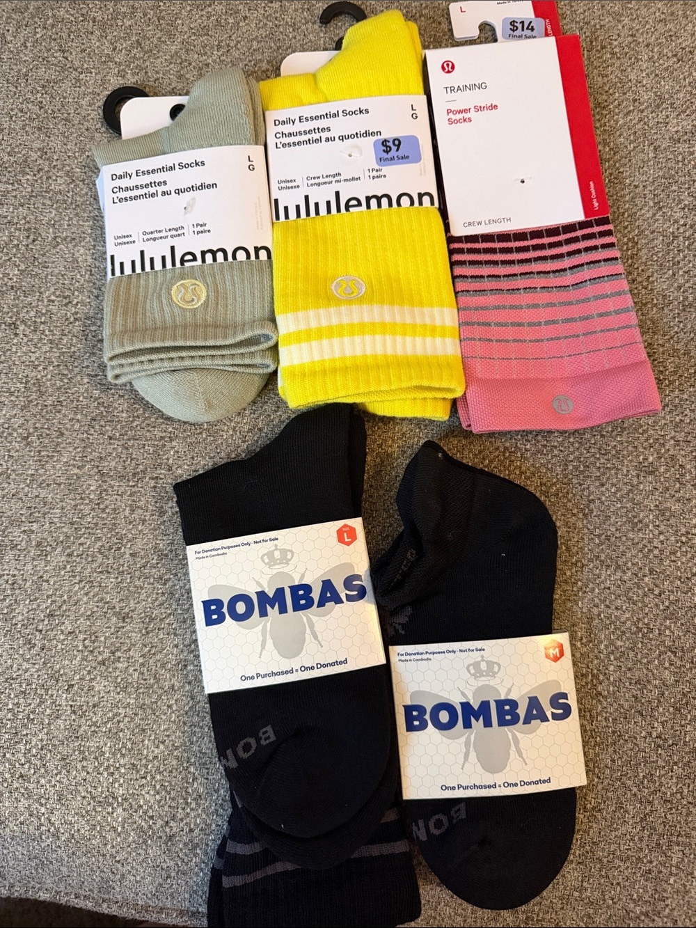Lululemon and Bombas Socks Bundle - Yellow, Pink, Sage & Black